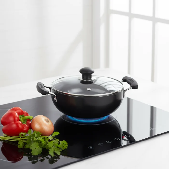 Hard Anodized Deep Kadai – 3mm Thick Heavy Aluminum Kadai with SS or Glass Lid,| Induction & Gas Stove Compatible (16/18/20/22/24/26/28/30/32/34 cm) - Image 3