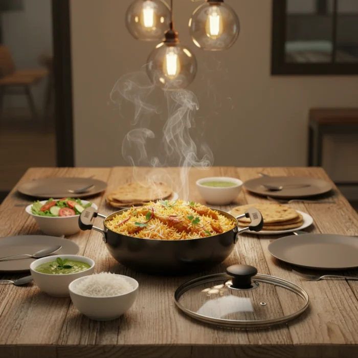 Hard Anodized Deep Kadai – 3mm Thick Heavy Aluminum Kadai with SS or Glass Lid,| Induction & Gas Stove Compatible (16/18/20/22/24/26/28/30/32/34 cm) - Image 4