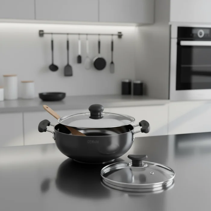 1 (7) Hard Anodized Deep Kadai – 3mm Thick Heavy Aluminum Kadai with SS or Glass Lid,| Induction & Gas Stove Compatible (16/18/20/22/24/26/28/30/32/34 cm) - Image 1