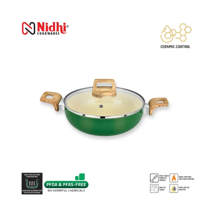 Ceramic Deep Kadai with Glass Lid, 3 mm Thick, Induction & Gas Compatible (22/24/26 cm) - Image 5