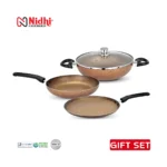 4 Pcs Non-stick Cookware Set with Glass Lid – Induction Base, Golden / Purple Granite Finish, Soft-Touch Handles