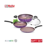 4 Pcs Non-stick Cookware Set with Glass Lid – Induction Base, Golden / Purple Granite Finish, Soft-Touch Handles - Image 2