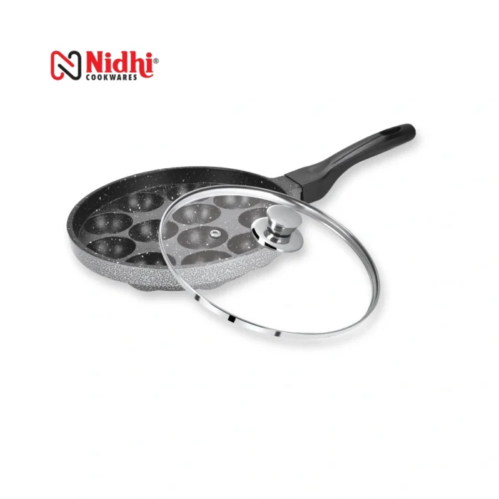 Non-Stick Appam Patra with Glass Lid, 12 Cavities, 3.25 mm Thick, Induction & Gas Stove Compatible (Copy) - Image 1