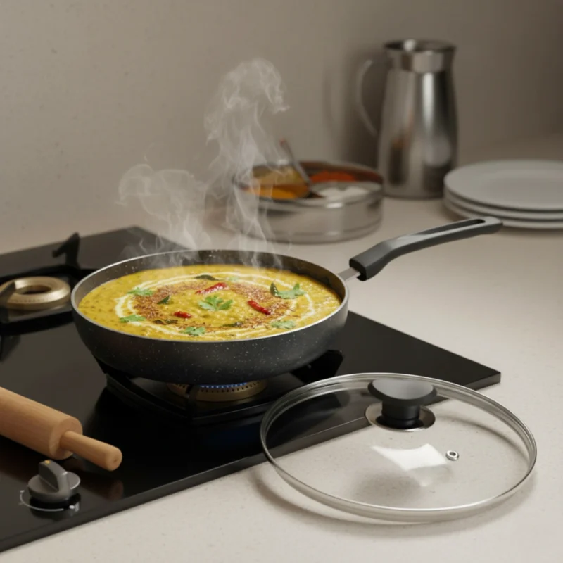 Frypan with Transparent Glass Lid for Easy Cooking Monitoring and Moisture Retention