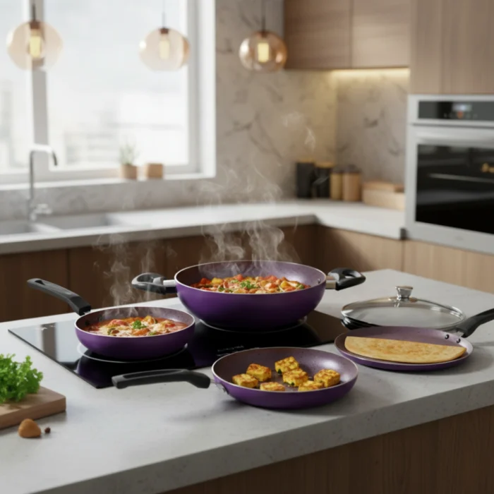 4 Pcs Non-stick Cookware Set with Glass Lid – Induction Base, Golden / Purple Granite Finish, Soft-Touch Handles - Image 3