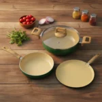 4 PC Non-Stick Ceramic Cookware Gift Set – Deep Kadai, Frypan & Dosa Tawa with Glass Lids, Induction & Gas Compatible